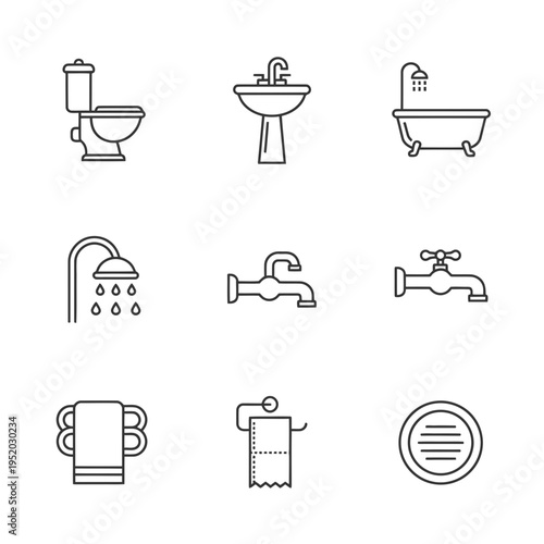 Set of Bathroom Fixtures and Accessories Icons.