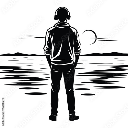 Man with headphones standing with back to viewer, contemplating vast landscape, black and white vector, depicting solitude and connection to nature