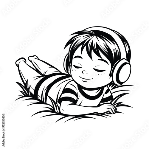 Peaceful boy with headphones lying in grass, eyes closed with serene expression, black and white vector illustration, depicting relaxation and nature