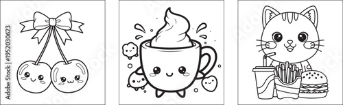 Cherries with ribbon bow and cute faces kawaii coloring page