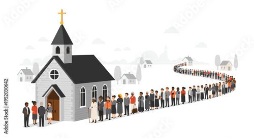 A very long, diverse line of people is queuing to enter a grey church building with a golden cross, extending into a village background.