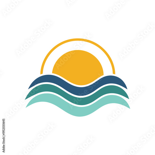 Sun and waves logo design vector template. simple, clean, and modern graphic depicting a vibrant sunrise over ocean waters. perfect for travel, beach resorts, or environmental brands