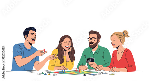 Four friends, two men and two women, are sitting around a table, laughing and playing a board game with various pieces and cards.