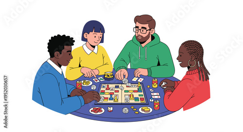 Four diverse friends are sitting around a circular blue table, intently playing a board game with snacks and drinks on the surface.