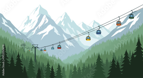 Multiple colorful cable cars are moving along a long wire over a valley filled with pine trees and snow-capped mountains in the background.