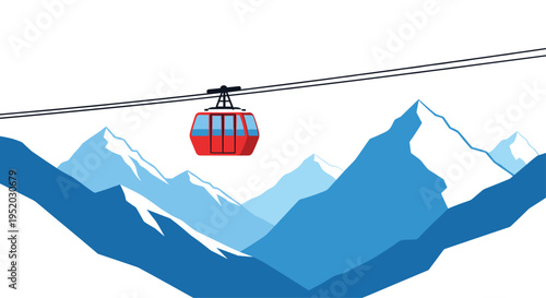 A single red cable car is suspended on a wire, moving across a backdrop of stylized blue mountains under a white sky.