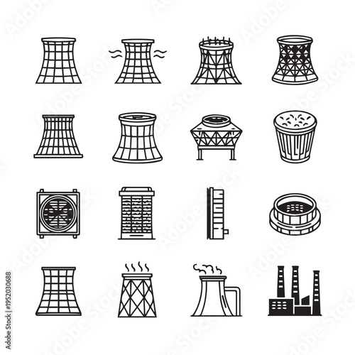 Cooling Tower Icons Set Industrial Infrastructure Heat Exchange Systems