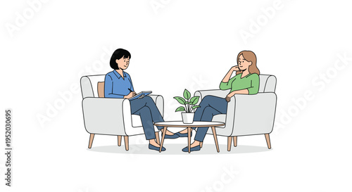 Two women are sitting in armchairs, one taking notes and the other listening, with a plant on a table between them, on a plain white background.