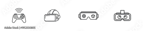 Virtual reality headset and game controller icons set, representing modern gaming technology and immersive digital experiences
