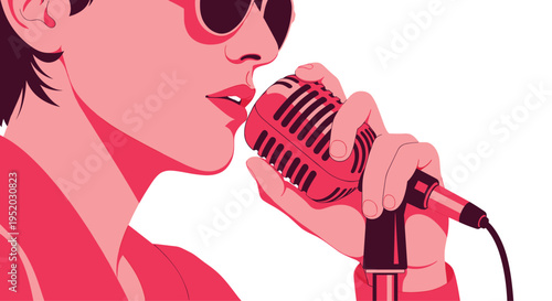 A close-up, monochrome illustration in pink and red depicts a person in profile wearing sunglasses and holding a vintage microphone.