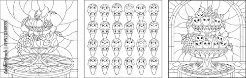 Ice cream cones and scoops with different flavors kawaii coloring page