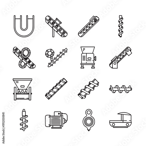 Conveyor Belt and Auger Screw Icons: Industrial Machinery Set Line Art