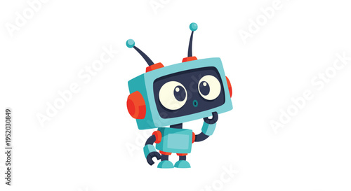 A small, turquoise cartoon robot with a square head and expressive eyes stands in a thoughtful pose on a clean white background.