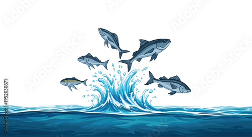 Six grey and one yellow-finned fish are dynamically leaping out of a large, splashing blue ocean wave on a white background.