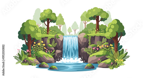 A picturesque waterfall cascades into a clear blue pool, surrounded by lush green foliage, moss-covered rocks, and tall trees.