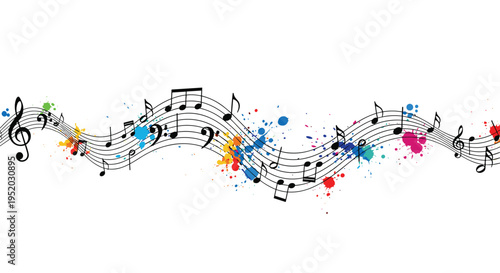 A black five-line musical staff with notes and clefs undulates across the frame, adorned with vibrant multi-colored paint splatters.