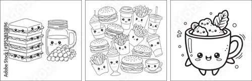 Coffee cup with whipped cream and cookies kawaii coloring page