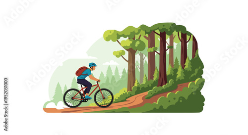 A solo male cyclist wearing a blue helmet and backpack rides a red mountain bike on a winding dirt path through a vibrant green forest.