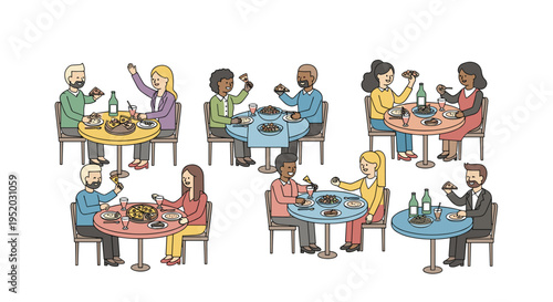 A line art illustration displays six diverse groups of people seated at round tables in a restaurant, enjoying various meals and drinks with visible cutlery against a white background.