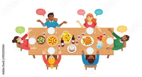 An overhead illustration shows six diverse people gathered around a long wooden dining table filled with food, drinks, and a cake, with colorful speech bubbles indicating conversation.