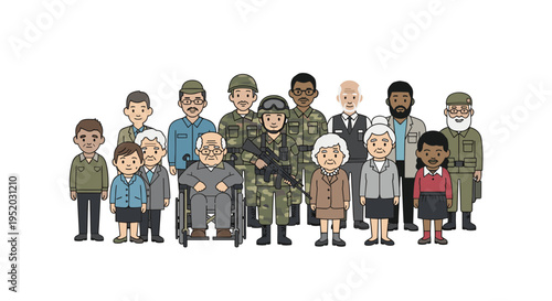 Fourteen diverse individuals, including military personnel, veterans, and civilians, stand closely together in a group, with one man seated in a wheelchair against a white background.