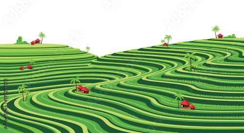 Expansive vibrant green rice terraces with distinct curved patterns undulate across the landscape, featuring seven small red-roofed houses and numerous palm trees under a white sky.