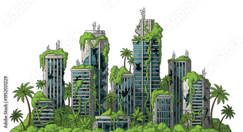Eight towering, abandoned skyscrapers are completely engulfed by vibrant green vines and lush palm trees, showcasing nature's reclamation of an urban environment.