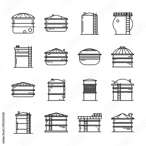 Collection of Industrial Storage Tanks Icons Various Shapes and Sizes Line Art