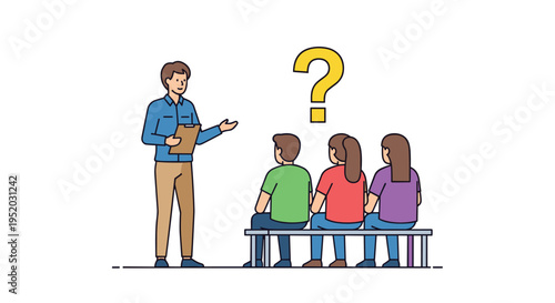 A male presenter holding a clipboard is gesturing towards three seated individuals, with a large question mark floating above them.