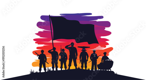 A powerful silhouette illustration shows seven diverse military personnel standing on a hilltop with a large flag against a vibrant, brushstroke sunset sky.