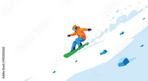 A vibrant illustration shows a snowboarder in orange and blue gear dynamically descending a steep, pristine white snowy mountain slope.