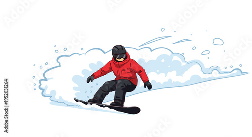 A dynamic illustration features a snowboarder in red and black gear making a sharp turn, kicking up a large cloud of white snow.