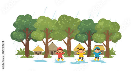 Three happy children in colorful raincoats and boots are actively splashing in muddy puddles with a dense forest and huts in the background.
