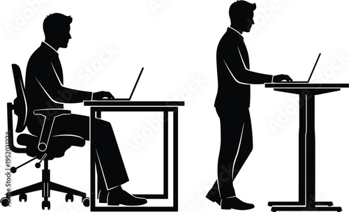 Ergonomic workplace comparison showing sitting and standing desk positions with businessman using laptop in silhouette style highlighting posture health and productivity concepts