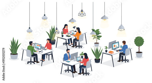 An isometric illustration showcases a modern, bright open-plan office environment where multiple diverse professionals are actively working at their individual desks.