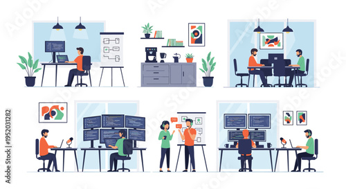 A comprehensive collage of six distinct flat-design illustrations portrays various aspects of software development and IT work in different office settings.