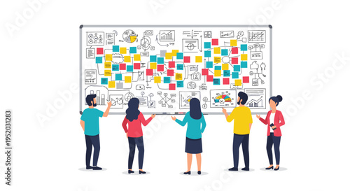 Five diverse people are standing with their backs to the viewer, actively discussing a large whiteboard covered in sticky notes and diagrams.