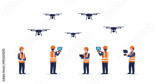 Six construction workers wearing safety vests and hard hats are standing and operating five drones with remote controllers.