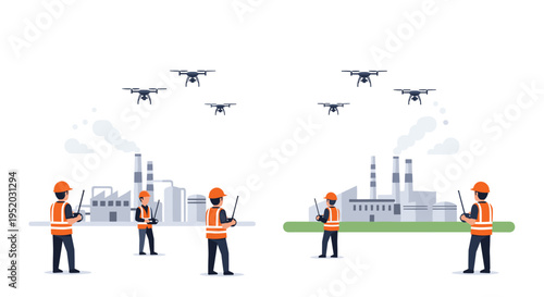 Six construction workers in safety gear are remotely operating multiple drones above two industrial factories with smokestacks.