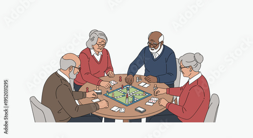 Four diverse senior adults are engaged in playing a strategic board game with cards and pawns at a round table.