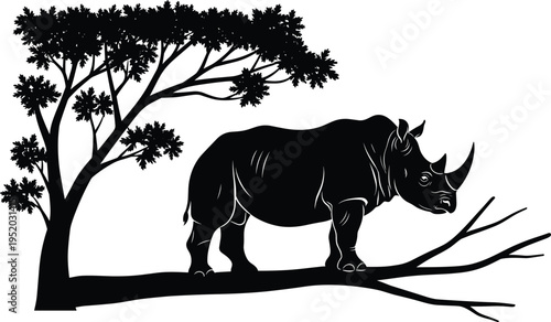 Rhino silhouette with tree in African savanna landscape black vector illustration showcasing wildlife nature safari animal scene isolated design for graphic projects