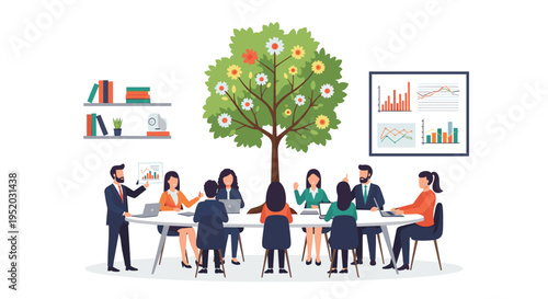 Nine professionals conduct a formal business meeting around an oval table, centered by a flowering tree, with charts and bookshelves in the background.