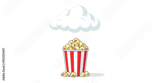 A red and white striped popcorn bucket filled with golden kernels sits on a white surface beneath a single large white cloud.