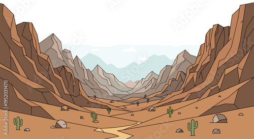 A deep, narrow canyon is depicted with numerous layered, angular rock formations, a winding dirt path, and green cacti.