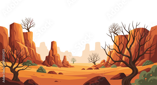 A wide, expansive desert landscape features large, smooth rock formations and mesas with several bare, gnarled trees and sparse bushes.
