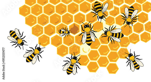 Ten stylized bees with black and yellow stripes are scattered across a partial, flat honeycomb structure with hexagonal cells.