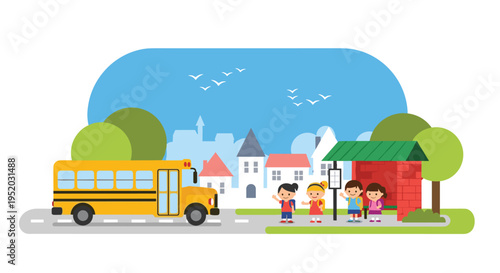 A bright yellow school bus is parked on a grey road next to a red brick bus stop shelter where four children are waiting and waving.