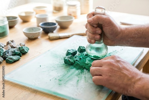 Artist crushing raw green malachite stones into fine paint pigment using a glass muller on a slab