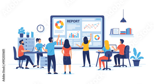 A group of seven diverse professionals collaborates around a large digital screen displaying various data reports and charts in a modern office.