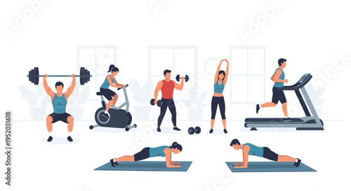 Seven individuals are actively engaged in diverse fitness exercises, including weightlifting and running, within a bright, minimalist gym environment.